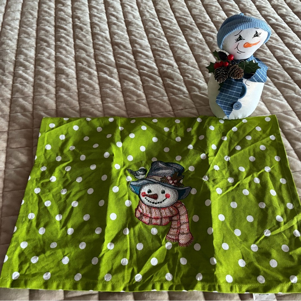 Green Snowman Dish Towel with Polka Dots
